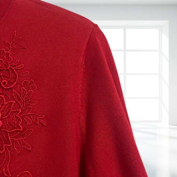 JM Collection Red Embroidered Button-Up Cardigan - Size L - Elegant Detail - Picture 7 of 14